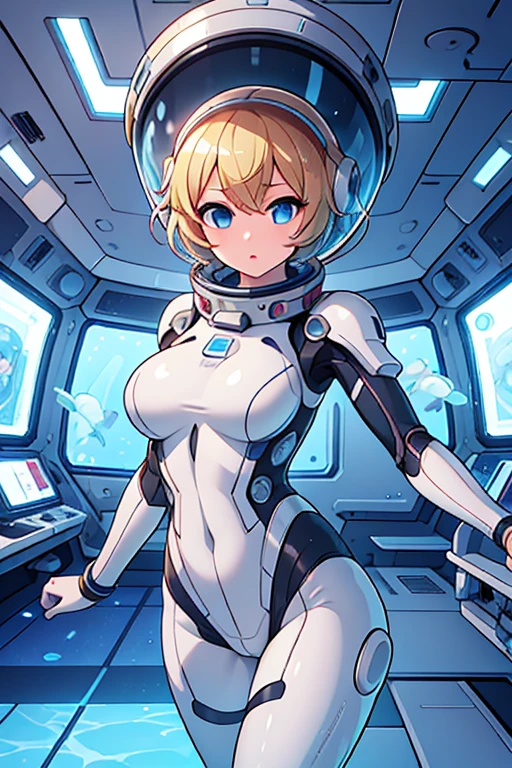 1girl, blonde_hair, solo,(space helmet):6, blue_eyes, looking_at_viewer, futuristic_diving_suit, realistic, breasts, short_hair, lips, medium_breasts, cyborg_enhancements, high_tech_armor, underwater, coral_reef, tropical_fish, sunlight_rays, futuristic_breathing_apparatus