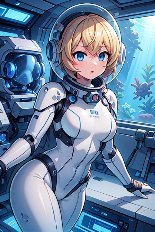 1girl, blonde_hair, solo,(space helmet):6, blue_eyes, looking_at_viewer, futuristic_diving_suit, realistic, breasts, short_hair, lips, medium_breasts, cyborg_enhancements, high_tech_armor, underwater, coral_reef, tropical_fish, sunlight_rays, futuristic_breathing_apparatus