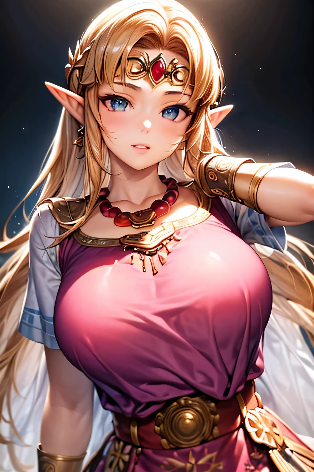 (masterpiece:1.2), best quality, high resolution, unity 8k wallpaper, (illustration:0.8), (beautiful detailed face:1.2, beautiful detailed eyes:1.2), perfect lighting, extremely detailed CG, (perfect hands, perfect anatomy), 

Cute, beautiful, charming lady, shiny hair, lustrous skin, beautiful light big eyes, 
milf, married woman, soft With a gentle appearance and a gentle mother-like atmosphere,
Feminine style, beautiful kubire, beautiful, naughty face,

zelda_a, long hair, blond hair, pointy ears, blue eyes, circlet, pink dress, short sleeves, jewelry, bracer, bead necklace, 