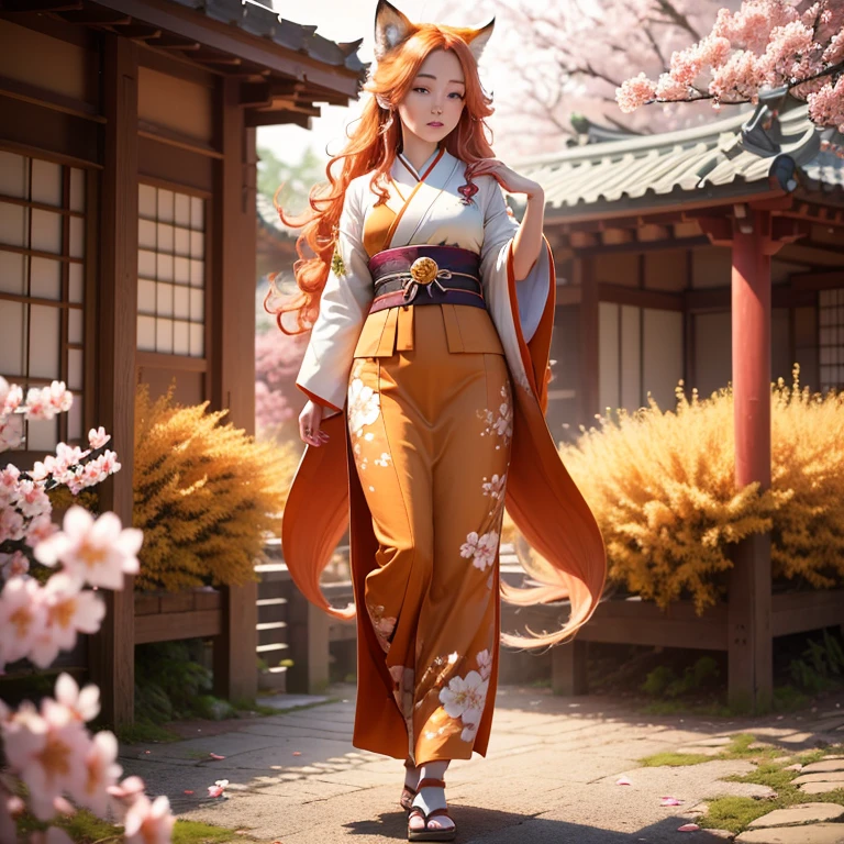(best quality,4k,8k,highres,masterpiece:1.2),ultra-detailed,(realistic,photorealistic,photo-realistic:1.37),HDR,UHD,studio lighting,ultra-fine painting,sharp focus,physically-based rendering,extreme detail description,professional,vivid colors,bokeh,A girl with a fluffy fox tail, fox ears, blue eyes, orange long wavy hair, full body, traditional Japanese clothes, traditional Japanese home, Sakura petals falling, sunshine.