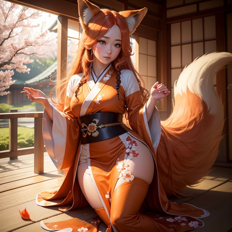 (best quality,4k,8k,highres,masterpiece:1.2),ultra-detailed,(realistic,photorealistic,photo-realistic:1.37),HDR,UHD,studio lighting,ultra-fine painting,sharp focus,physically-based rendering,extreme detail description,professional,vivid colors,bokeh,A girl with a fluffy fox tail, fox ears, blue eyes, orange long wavy hair, full body, traditional Japanese clothes, traditional Japanese home, Sakura petals falling, sunshine.