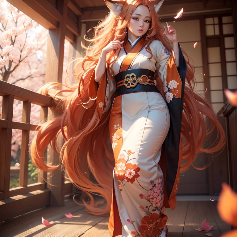 (best quality,4k,8k,highres,masterpiece:1.2),ultra-detailed,(realistic,photorealistic,photo-realistic:1.37),HDR,UHD,studio lighting,ultra-fine painting,sharp focus,physically-based rendering,extreme detail description,professional,vivid colors,bokeh,A girl with a fluffy fox tail, fox ears, blue eyes, orange long wavy hair, full body, traditional Japanese clothes, traditional Japanese home, Sakura petals falling, sunshine.