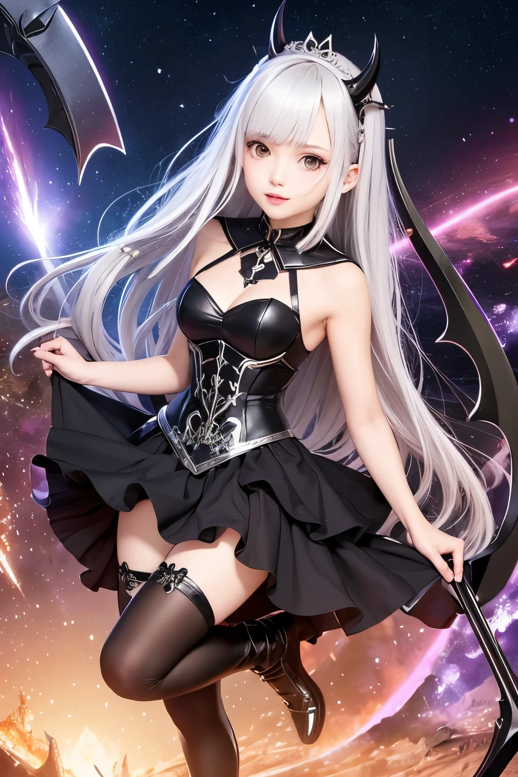 (((highest quality、Masterpiece、Normal body、8k、Detailed face、Ultra-precision、Normal hand、Normal finger、5Finger、Highest)))Golden and silver hair、Princess、Twilight Dress、White and black skirt、Shiny Tiara、Knight Armor、Fluffy costumes、Ridiculous Underwear、metal boots、Death Scythe、Fantasy scythe、disaster々New Scythe、Grim Reaper、grim Reaper、The Devil Behind、demon in background、Devil behind、Devil in the background、collapsing universe、Dimensional Destruction、Distorted Dimensional Fault、Dimensional juxtaposition、Mobius Ring、Dimensional Hole、World Break
