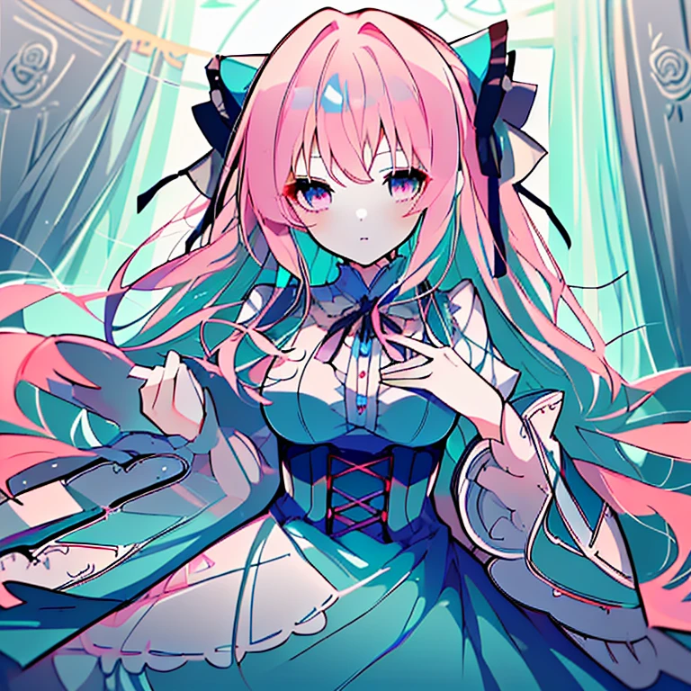 (highest quality,High resolution,wonderful,Attention to detail)Aqua Hair,Light blue hair,Long Hair,Curly Hair,Pink Eyes,Cinema Lighting,cute,gothic dress,Rose hair ornament,Holding a stuffed teddy bear,thought,gorgeous,Big ribbon,gem