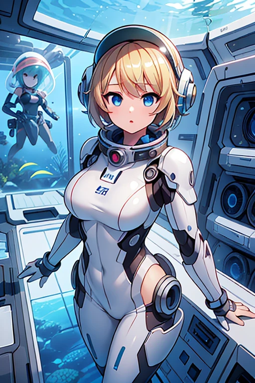 1girl, blonde_hair, solo,(space helmet):6, blue_eyes, looking_at_viewer, futuristic_diving_suit, realistic, breasts, short_hair, lips, medium_breasts, cyborg_enhancements, high_tech_armor, underwater, coral_reef, tropical_fish, sunlight_rays, futuristic_breathing_apparatus