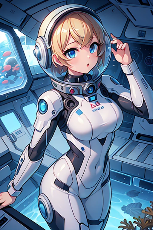 1girl, blonde_hair, solo,(space helmet):6, blue_eyes, looking_at_viewer, futuristic_diving_suit, realistic, breasts, short_hair, lips, medium_breasts, cyborg_enhancements, high_tech_armor, underwater, coral_reef, tropical_fish, sunlight_rays, futuristic_breathing_apparatus