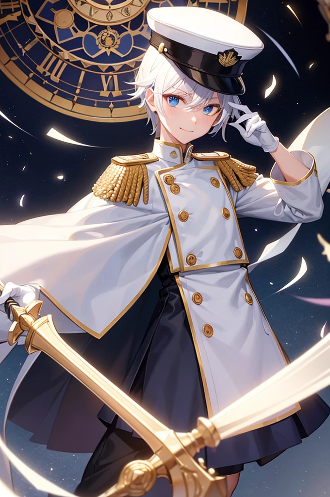 (masterpiece, 2K, best quality), 1boy, male focus, red eyes, heterochromia, blue eyes, hair over one eye, middle school student, spirit form, solo, glowing eyes, holding sword, rapier, middle school student, white hair, (hairstyle: straight), middle hair, white uniform, epaulettes, ruffles, white gloves, navy hat, white hat, long sleeves, smirking, sadistic face, white trousers, upper body, standing in front of a clock, huge clock face, luminous white astronomical clock, luminous astronomical clock, clock hands, looking at viewer, dark theme