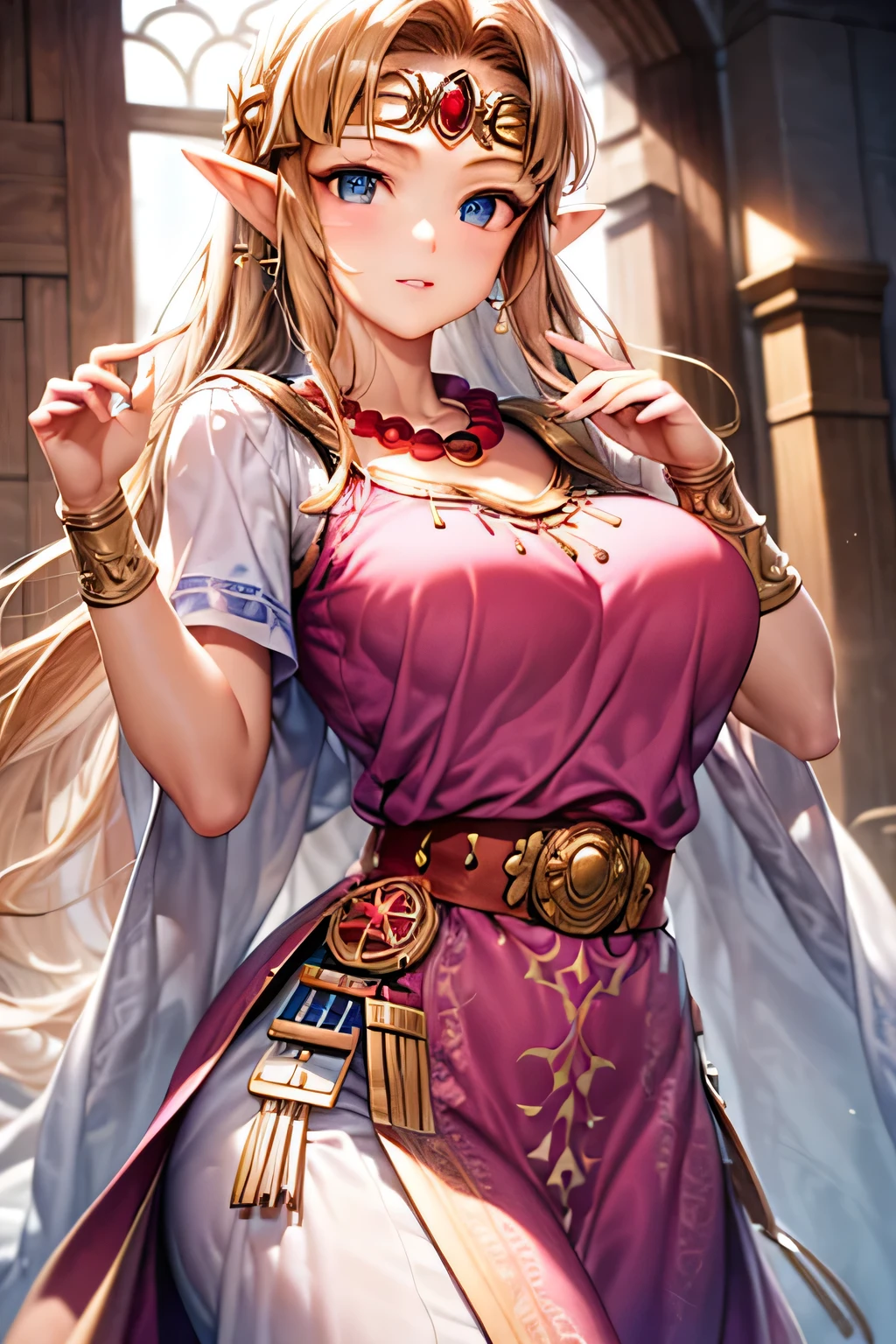 (masterpiece:1.2), best quality, high resolution, unity 8k wallpaper, (illustration:0.8), (beautiful detailed face:1.2, beautiful detailed eyes:1.2), perfect lighting, extremely detailed CG, (perfect hands, perfect anatomy), 

Cute, beautiful, charming lady, shiny hair, lustrous skin, beautiful light big eyes, 
milf, married woman, soft With a gentle appearance and a gentle mother-like atmosphere,
Feminine style, beautiful kubire, beautiful, naughty face,

zelda_a, long hair, blond hair, pointy ears, blue eyes, circlet, pink dress, short sleeves, jewelry, bracer, bead necklace, 