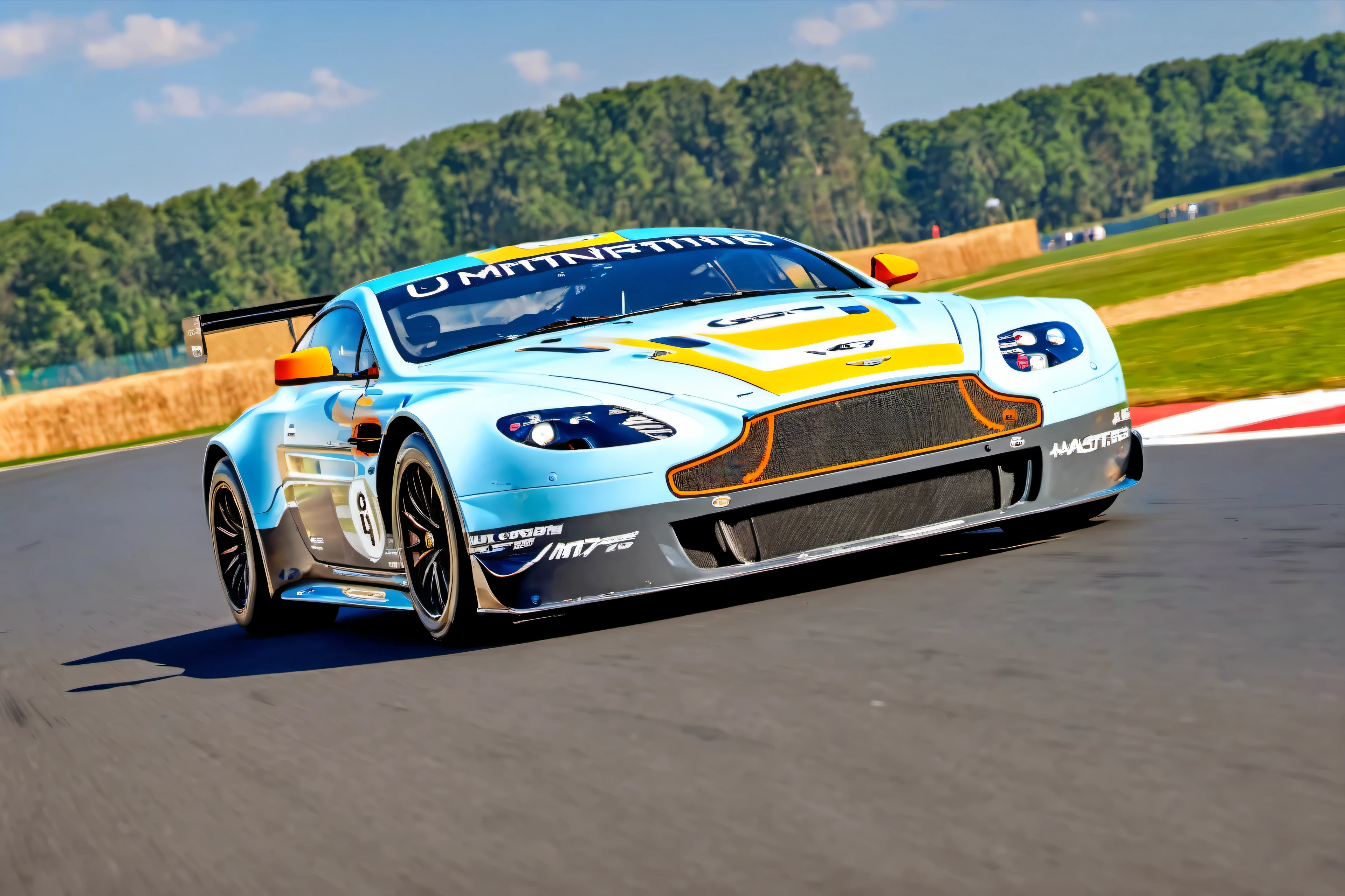 masterpiece, best quality, aston martin, V8 Vantage GT2, 2008, le mans race track, in motion, UHD, HDR, 4k, ray tracing