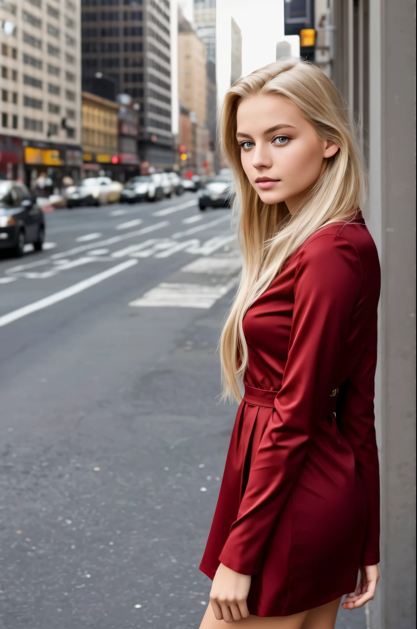 1girl in, age19, Allein, lange Haare, Kolossal , Betrachter betrachten, blondes Haar, nackten Schultern, braune Augen, Juwelier, Full body , realistisch, Eine sexy, in New York, im Roten Kleid, , nice