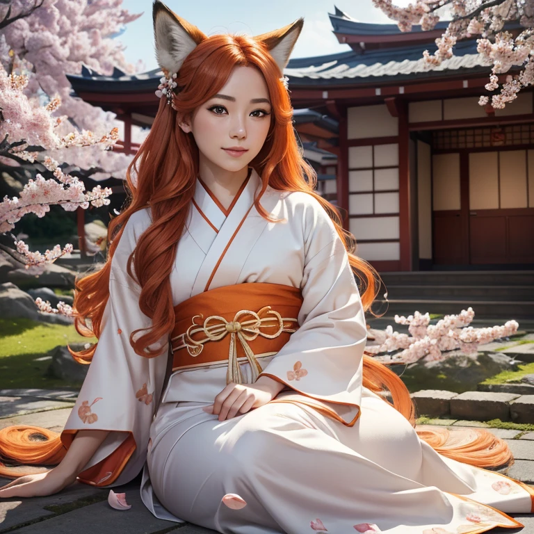 (best quality,4k,8k,highres,masterpiece:1.2),ultra-detailed,(realistic,photorealistic,photo-realistic:1.37),HDR,UHD,studio lighting,ultra-fine painting,sharp focus,physically-based rendering,extreme detail description,professional,vivid colors,bokeh,A girl with a fluffy fox tail, fox ears, blue eyes, orange long wavy hair, full body, traditional Japanese clothes, traditional Japanese home, Sakura petals falling, sunshine.