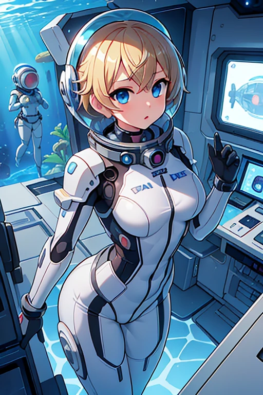 1girl, blonde_hair, solo,(space helmet):6, blue_eyes, looking_at_viewer, futuristic_diving_suit, realistic, breasts, short_hair, lips, medium_breasts, cyborg_enhancements, high_tech_armor, underwater, coral_reef, tropical_fish, sunlight_rays, futuristic_breathing_apparatus
