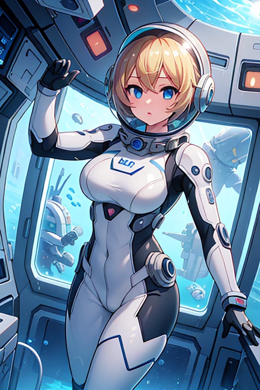 1girl, blonde_hair, solo,(space helmet):6, blue_eyes, looking_at_viewer, futuristic_diving_suit, realistic, breasts, short_hair, lips, medium_breasts, cyborg_enhancements, high_tech_armor, underwater, coral_reef, tropical_fish, sunlight_rays, futuristic_breathing_apparatus