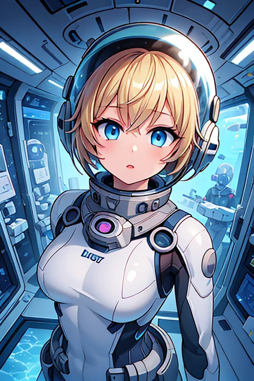 1girl, blonde_hair, solo,(space helmet):6, blue_eyes, looking_at_viewer, futuristic_diving_suit, realistic, breasts, short_hair, lips, medium_breasts, cyborg_enhancements, high_tech_armor, underwater, coral_reef, tropical_fish, sunlight_rays, futuristic_breathing_apparatus