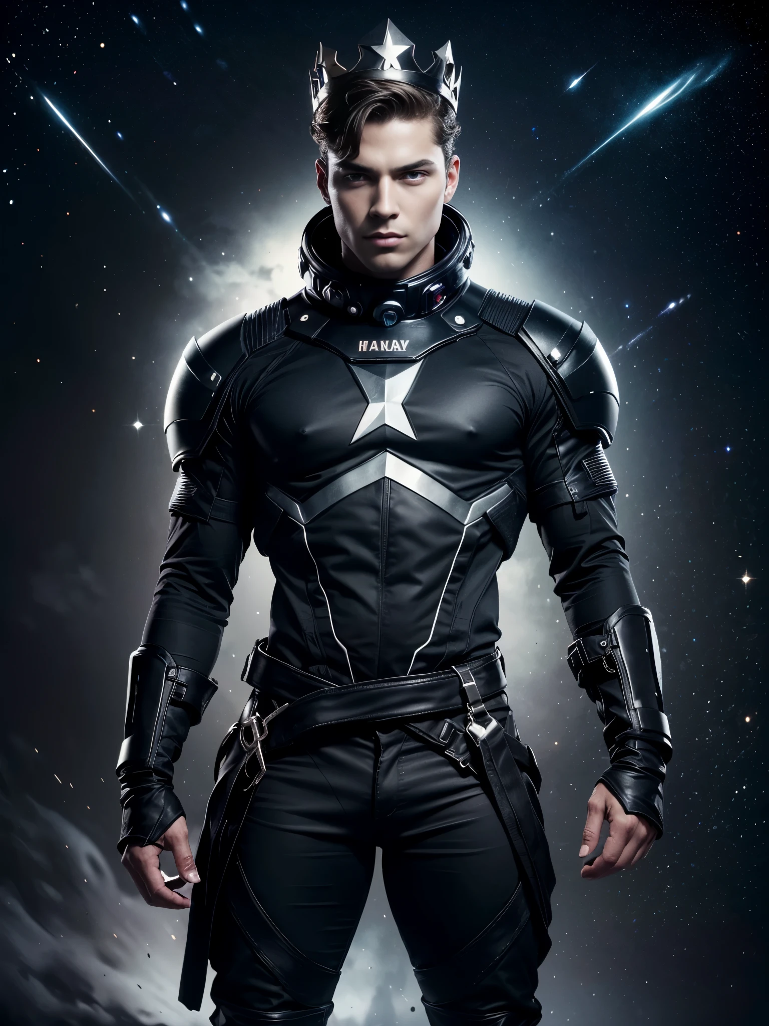 Photorealistic, twins, ((best quality)), ((masterpiece)), (detailed),masculine portrait of youngt futuristic prince, 18-year-old male models, handsome, tall, cute looking, evil look, dark look, powerful, young male, handsome model, clean shave, silver eyes. (short curly messy brown hair:1.2), messy curly hair, super strong, muscular, fit, massive muscles, six pack, shirtless, barechested, muscle, ripped, strong body, fit body, (black dark evil masculine crown:1.4), futuristic skirt, futuristic jewels, (futuristic draped cloth skirt), futuristic garment, out space, galaxies, stars and planets in the background, (Dark background:1.6) constellations, galaxies, 8k, high detailed, ultra-detailed, Stylish Pose, real skin texture, dark cinematic lighting, outerspace, constellation, galaxies, stars in the background