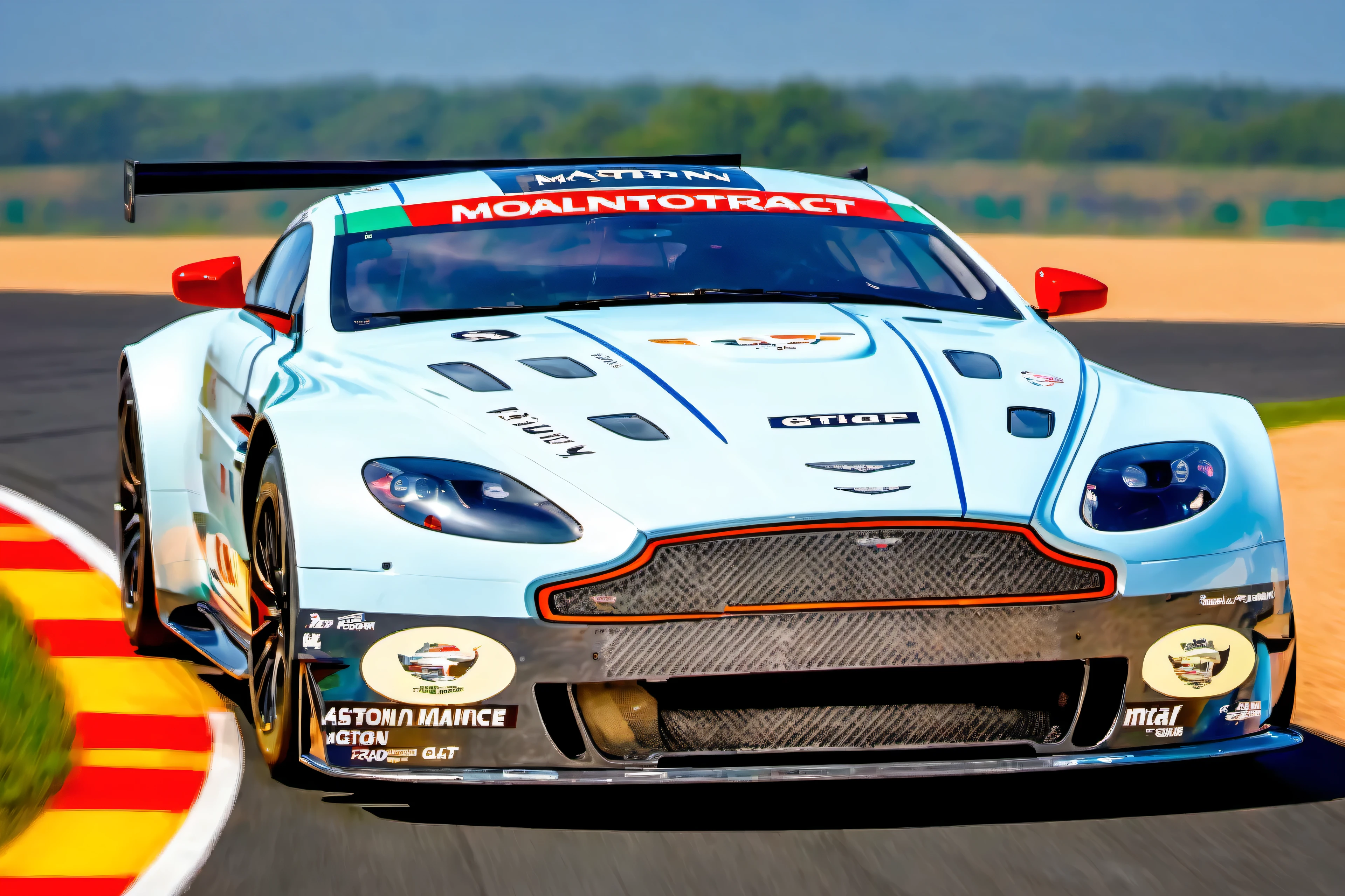 masterpiece, best quality, aston martin, V8 Vantage GT2, 2008, le mans race track, in motion, UHD, HDR, 4k, ray tracing
