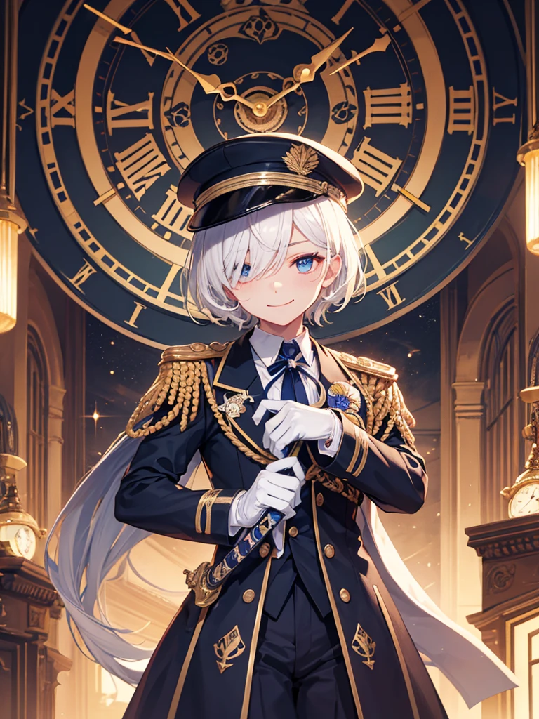 (masterpiece), best quality, high quality, dynamic light, 1boy, male focus, red eyes, heterochromia, blue eyes, hair over one eye, middle school student, spirit form, solo, glowing eyes, holding sword, rapier, middle school student, white hair, (hairstyle: straight), middle hair, white uniform, epaulettes, ruffles, white gloves, navy hat, white hat, long sleeves, smirking, sadistic face, white trousers, upper body, standing in front of a clock, huge clock face, luminous white astronomical clock, luminous astronomical clock, clock hands, looking at viewer, dark theme