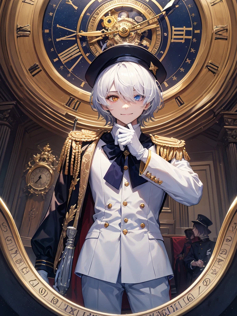(masterpiece), best quality, high quality, dynamic light, 1boy, male focus, red eyes, heterochromia, blue eyes, hair over one eye, middle school student, spirit form, solo, glowing eyes, holding sword, rapier, middle school student, white hair, (hairstyle: straight), middle hair, white uniform, epaulettes, ruffles, white gloves, navy hat, white hat, long sleeves, smirking, sadistic face, white trousers, upper body, standing in front of a clock, huge clock face, luminous white astronomical clock, luminous astronomical clock, clock hands, looking at viewer, dark theme