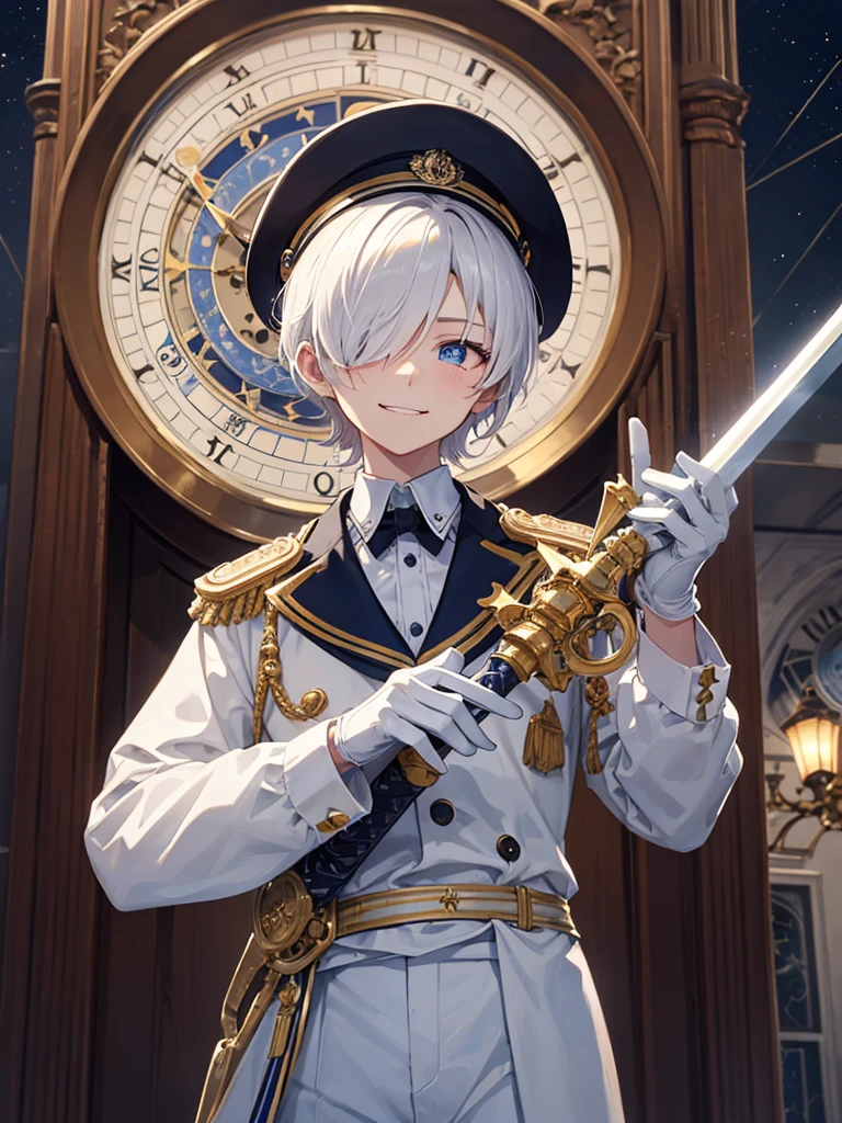 (masterpiece), best quality, high quality, dynamic light, 1boy, male focus, red eyes, heterochromia, blue eyes, hair over one eye, middle school student, spirit form, solo, glowing eyes, holding sword, rapier, middle school student, white hair, (hairstyle: straight), middle hair, white uniform, epaulettes, ruffles, white gloves, navy hat, white hat, long sleeves, smirking, sadistic face, white trousers, upper body, standing in front of a clock, huge clock face, luminous white astronomical clock, luminous astronomical clock, clock hands, looking at viewer, dark theme