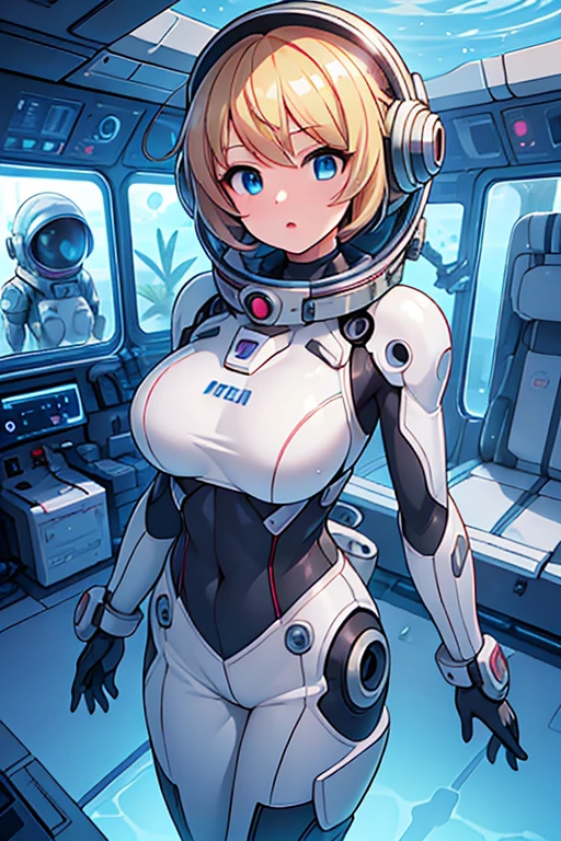 1girl, blonde_hair, solo,(space helmet):6, blue_eyes, looking_at_viewer, futuristic_diving_suit, realistic, breasts, short_hair, lips, medium_breasts, cyborg_enhancements, high_tech_armor, underwater, coral_reef, tropical_fish, sunlight_rays, futuristic_breathing_apparatus