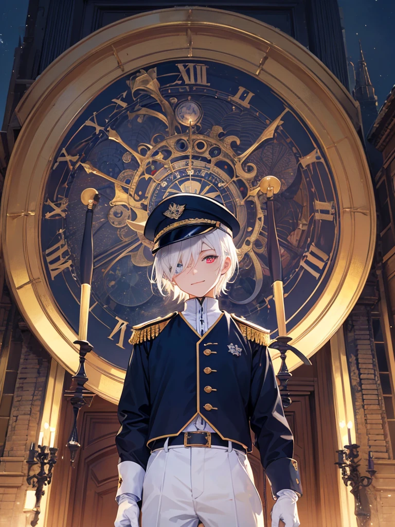 (masterpiece), best quality, high quality, dynamic light, 1boy, male focus, red eyes, heterochromia, blue eyes, hair over one eye, middle school student, spirit form, solo, glowing eyes, holding sword, rapier, middle school student, white hair, (hairstyle: straight), middle hair, white uniform, epaulettes, ruffles, white gloves, navy hat, white hat, long sleeves, smirking, sadistic face, white trousers, upper body, standing in front of a clock, huge clock face, luminous white astronomical clock, luminous astronomical clock, clock hands, looking at viewer, dark theme