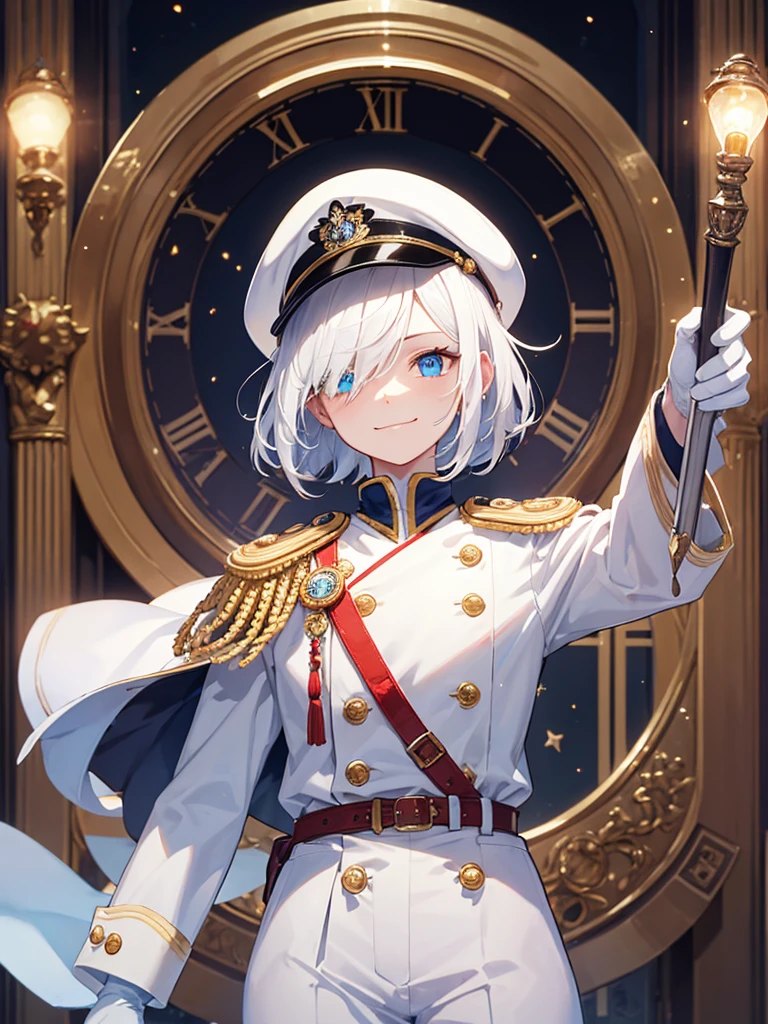 (masterpiece), best quality, high quality, dynamic light, 1boy, male focus, red eyes, heterochromia, blue eyes, hair over one eye,  student, spirit form, solo, glowing eyes, holding sword, rapier, middle schoolte hair, (hairstyle: straight), middle hair, white uniform, epaulettes, ruffles, white gloves, navy hat, white hat, long sleeves, smirking, sadistic face, white trousers, upper body, standing in front of a clock, huge clock face, luminous white astronomical clock, luminous astronomical clock, clock hands, looking at viewer, dark theme