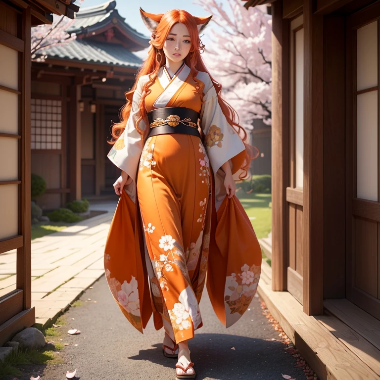 (best quality,4k,8k,highres,masterpiece:1.2),ultra-detailed,(realistic,photorealistic,photo-realistic:1.37),HDR,UHD,studio lighting,ultra-fine painting,sharp focus,physically-based rendering,extreme detail description,professional,vivid colors,bokeh,A girl with a fluffy fox tail, fox ears, blue eyes, orange long wavy hair, full body, traditional Japanese clothes, traditional Japanese home, Sakura petals falling, sunshine.