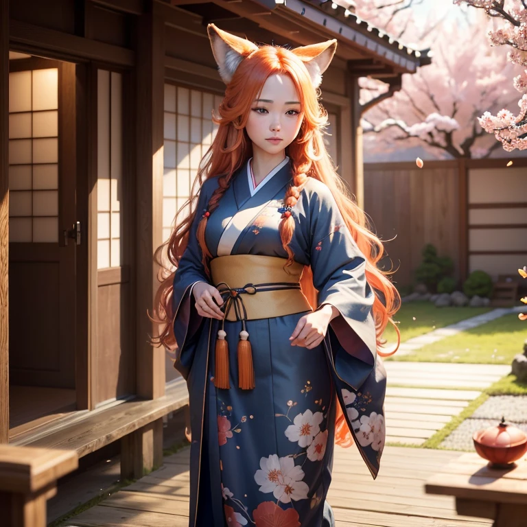 (best quality,4k,8k,highres,masterpiece:1.2),ultra-detailed,(realistic,photorealistic,photo-realistic:1.37),HDR,UHD,studio lighting,ultra-fine painting,sharp focus,physically-based rendering,extreme detail description,professional,vivid colors,bokeh,A girl with a fluffy fox tail, fox ears, blue eyes, orange long wavy hair, full body, traditional Japanese clothes, traditional Japanese home, Sakura petals falling, sunshine.