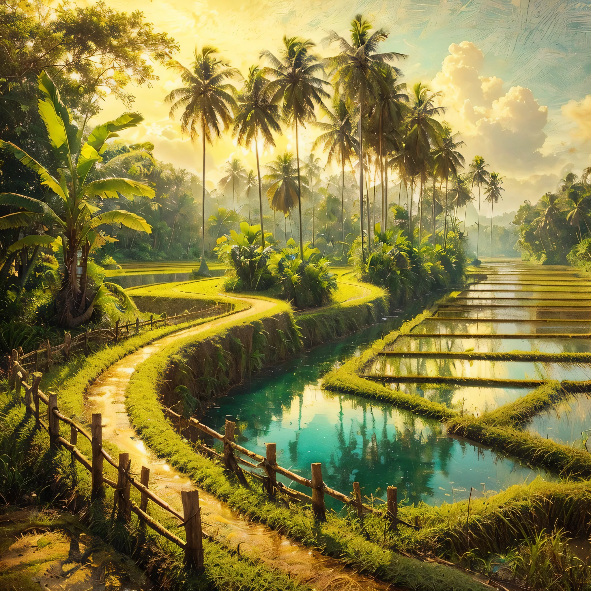 Create a hyperrealistic picture of a beautiful and enchanting view of coconut trees (coconut trees), banana trees (banana trees) on the edge of rice fields (rice fields), wooden fences on the edge of rice fields, small lakes with clear blue water, rivers, oil on rough canvas, textured scumbling technique
