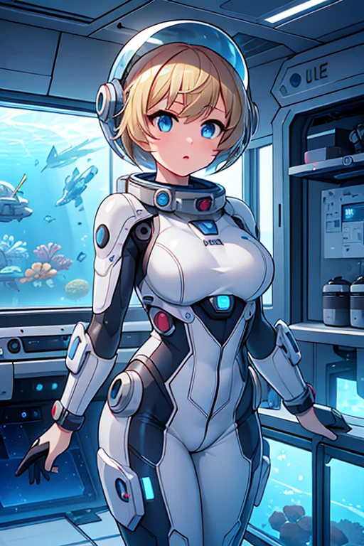 1girl, blonde_hair, solo,(space helmet):6, blue_eyes, looking_at_viewer, futuristic_diving_suit, realistic, breasts, short_hair, lips, medium_breasts, cyborg_enhancements, high_tech_armor, underwater, coral_reef, tropical_fish, sunlight_rays, futuristic_breathing_apparatus