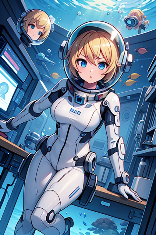 1girl, blonde_hair, solo,(space helmet):6, blue_eyes, looking_at_viewer, futuristic_diving_suit, realistic, breasts, short_hair, lips, medium_breasts, cyborg_enhancements, high_tech_armor, underwater, coral_reef, tropical_fish, sunlight_rays, futuristic_breathing_apparatus
