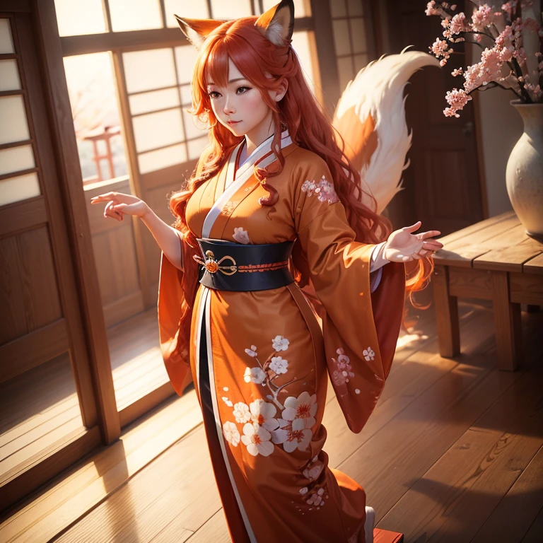 (best quality,4k,8k,highres,masterpiece:1.2),ultra-detailed,(realistic,photorealistic,photo-realistic:1.37),HDR,UHD,studio lighting,ultra-fine painting,sharp focus,physically-based rendering,extreme detail description,professional,vivid colors,bokeh,A girl with a fluffy fox tail, fox ears, blue eyes, orange long wavy hair, full body, traditional Japanese clothes, traditional Japanese home, Sakura petals falling, sunshine.