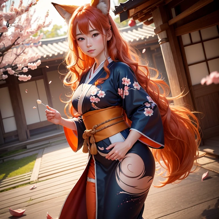 (best quality,4k,8k,highres,masterpiece:1.2),ultra-detailed,(realistic,photorealistic,photo-realistic:1.37),HDR,UHD,studio lighting,ultra-fine painting,sharp focus,physically-based rendering,extreme detail description,professional,vivid colors,bokeh,A girl with a fluffy fox tail, fox ears, blue eyes, orange long wavy hair, full body, traditional Japanese clothes, traditional Japanese home, Sakura petals falling, sunshine.