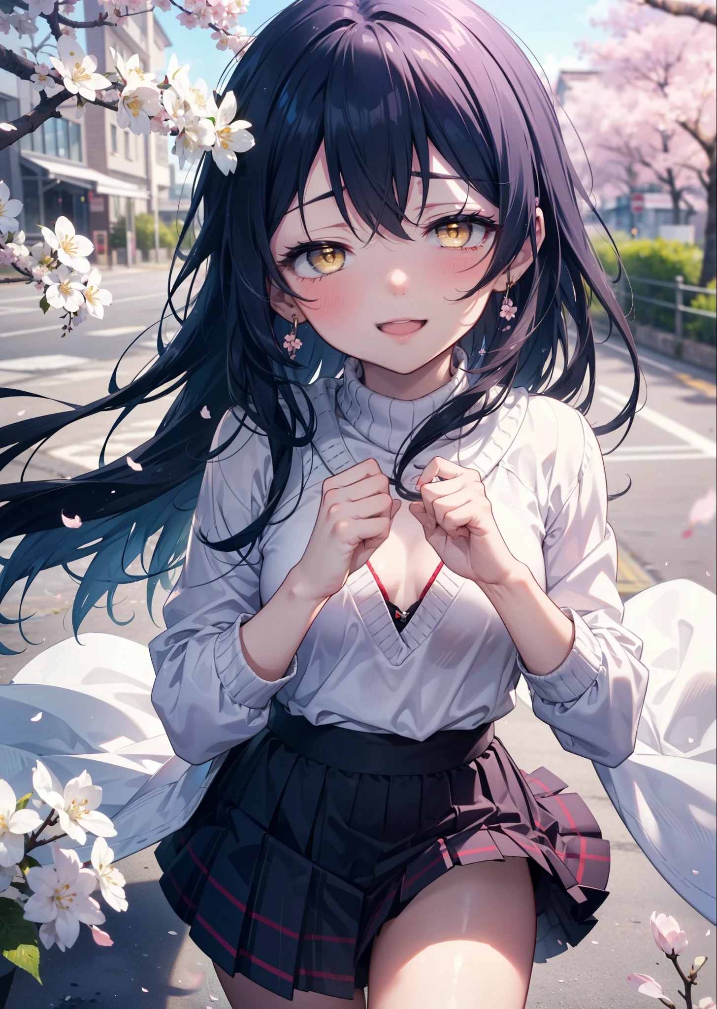 You are so kind, umi sonoda, Long Hair, Blue Hair, (Yellow Eyes:1.5) (Flat Chest:1.2),happy smile, smile, Open your mouth,
sweater,Long skirt,Mini Boots,Cherry blossoms are blooming,Cherry blossoms are scattered,Cherry blossom tree-lined path,happy smile, smile, Open your mouth,So that the whole body goes into the illustration,smile,blush, break looking at viewer, (Cowboy Shot:1. 5) break outdoors, School School building, break (masterpiece:1.2), highest quality, High resolution, unity 8k wallpaper, (figure:0.8), (Detailed and beautiful eyes:1.6), Highly detailed face, Perfect lighting, Extremely detailed CG, (Perfect hands, Perfect Anatomy),