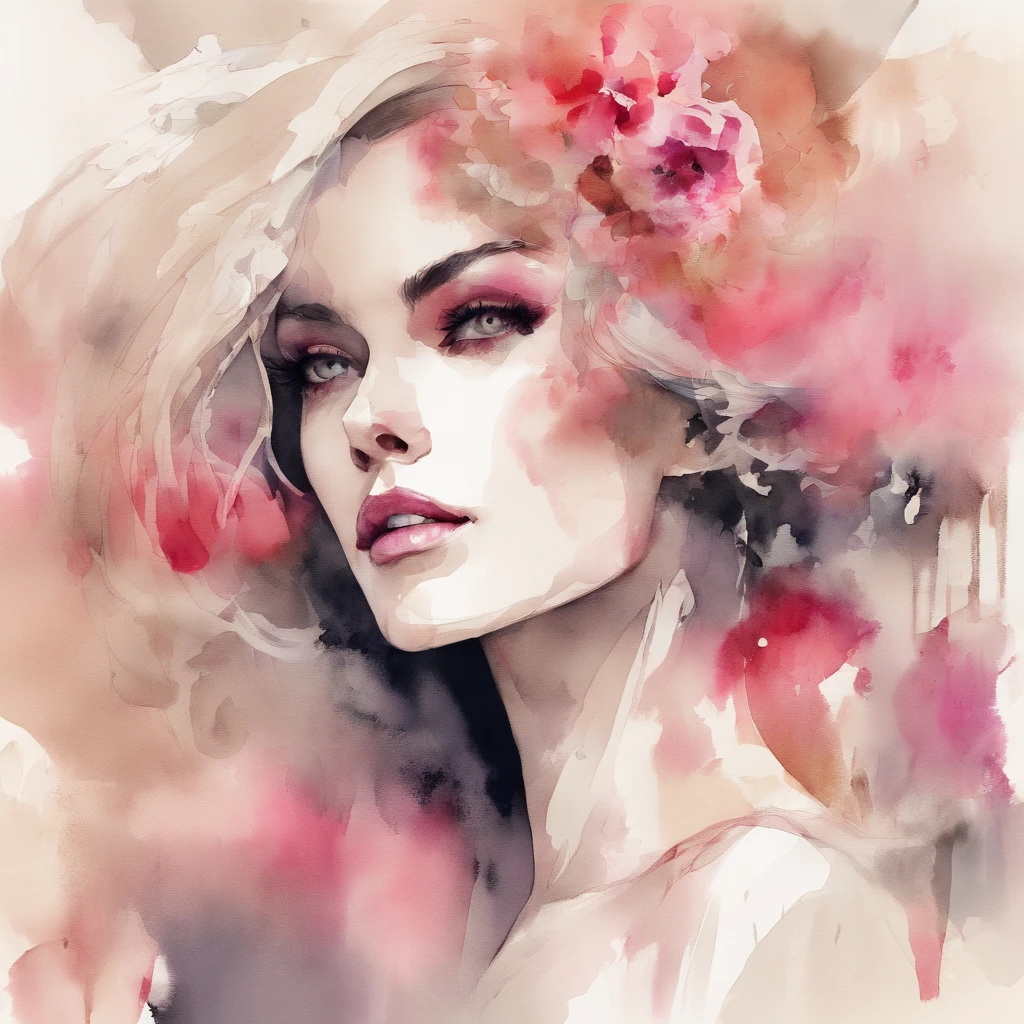 watercolor fashion sketch, bottom up view through beige tulle, flowers face, unreal  extravagant lady, minimalism, big eyes, hot pink long flowing curls, face in flowers abstract portrait, correct eyes,  paint stains, smudges+cinematic