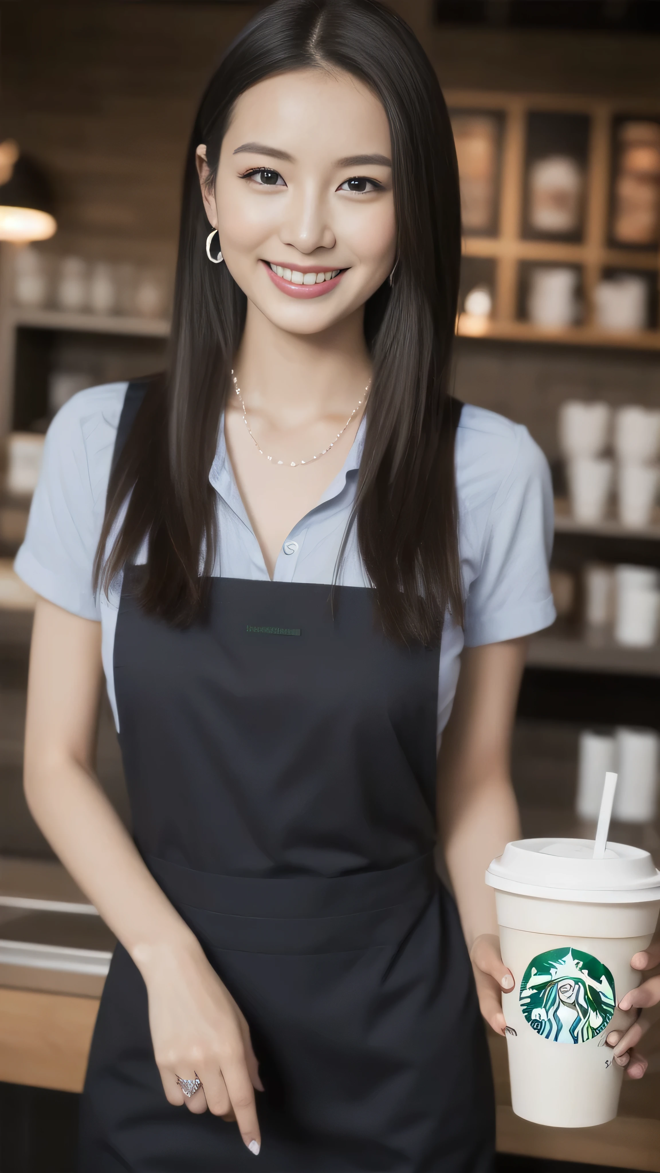 Hostess's face、Married women、Married Woman、Beauty、Starbucks Uniforms、high quality、Super Ultra Realistic、healthy、smile、Perfect figure、Japanese Beauty、 necklace、Earrings、Perfect eyes, beautiful skin、Upper Body、looking at the camera、Starbucks employee