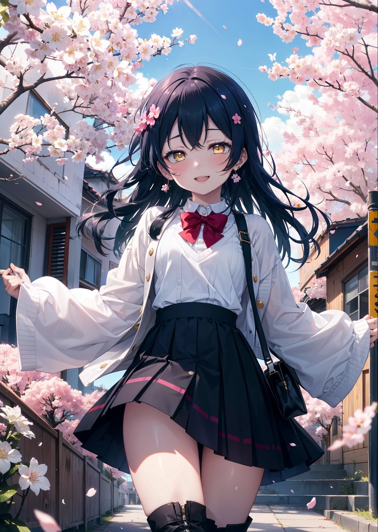 You are so kind, umi sonoda, Long Hair, Blue Hair, (Yellow Eyes:1.5) (Flat Chest:1.2),happy smile, smile, Open your mouth,
sweater,Long skirt,Mini Boots,Cherry blossoms are blooming,Cherry blossoms are scattered,Cherry blossom tree-lined path,happy smile, smile, Open your mouth,So that the whole body goes into the illustration,smile,blush, break looking at viewer, (Cowboy Shot:1. 5) break outdoors, School　School building, break (masterpiece:1.2), highest quality, High resolution, unity 8k wallpaper, (figure:0.8), (Detailed and beautiful eyes:1.6), Highly detailed face, Perfect lighting, Extremely detailed CG, (Perfect hands, Perfect Anatomy),