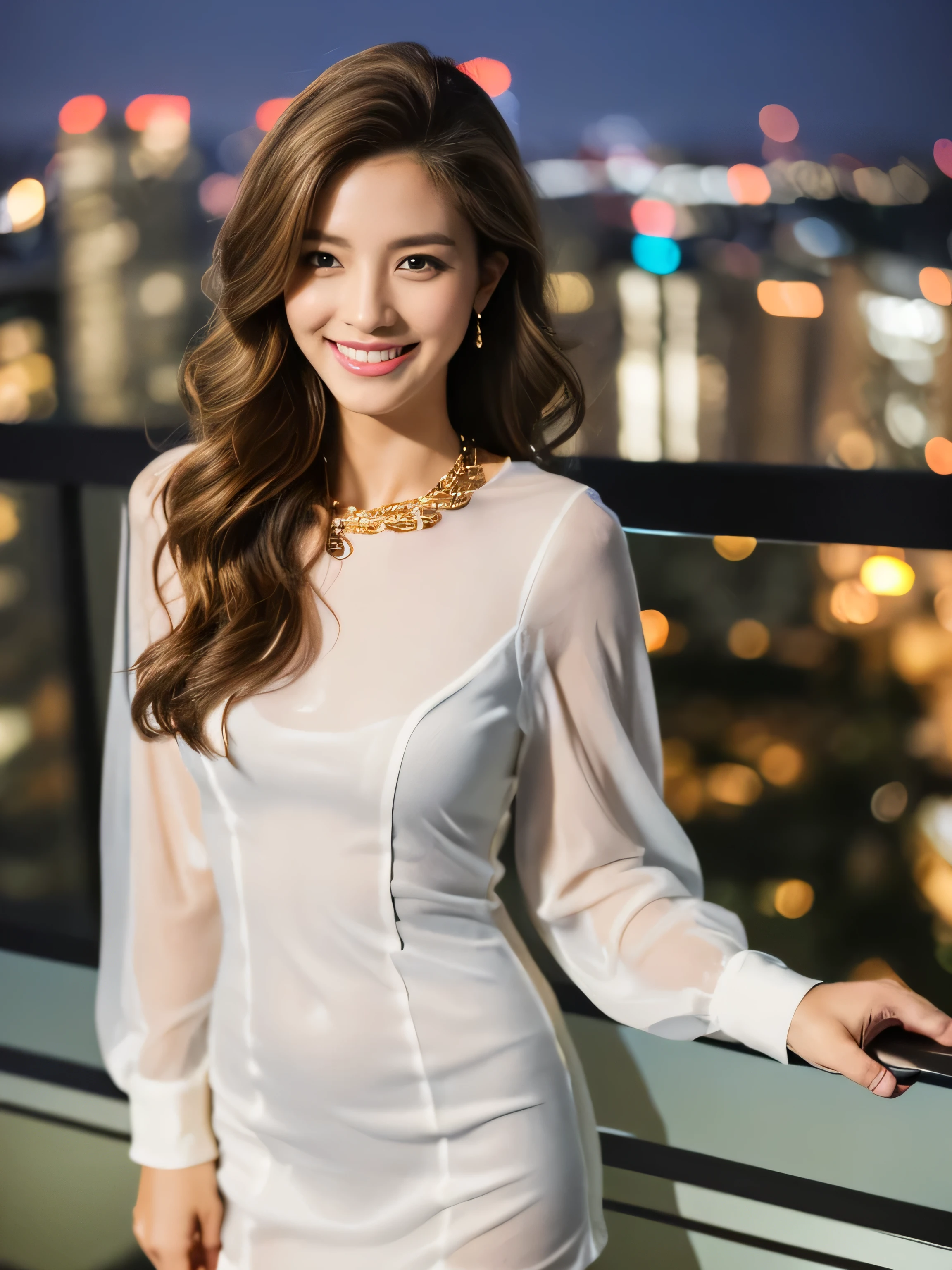 ((highest quality, 8k, masterpiece: 1.3)), 1 girl, smile, whole body, Slim face, Beautiful woman, Medium dark brown hair, White crisp shirt at upper body, The upper body is black straight suit pants, High heels, Highly detailed face, Fine grain, double eyelid, Blurred Background, Slim face, skyscraper, West Shot,((Loosely inward wavy hair:1.2)),((Gold Necklace＿Large earrings:1.2)),((Extra long brown hair:1.2))(((((((wearing camisole short dress, heel‗long sleeve_see-through_without back with Shoulders out:1.2)))、((full figure supermodel standing, entire body in frame))((Late at night, Standing on a hotel balcony with a beautiful night view:1.4)), 