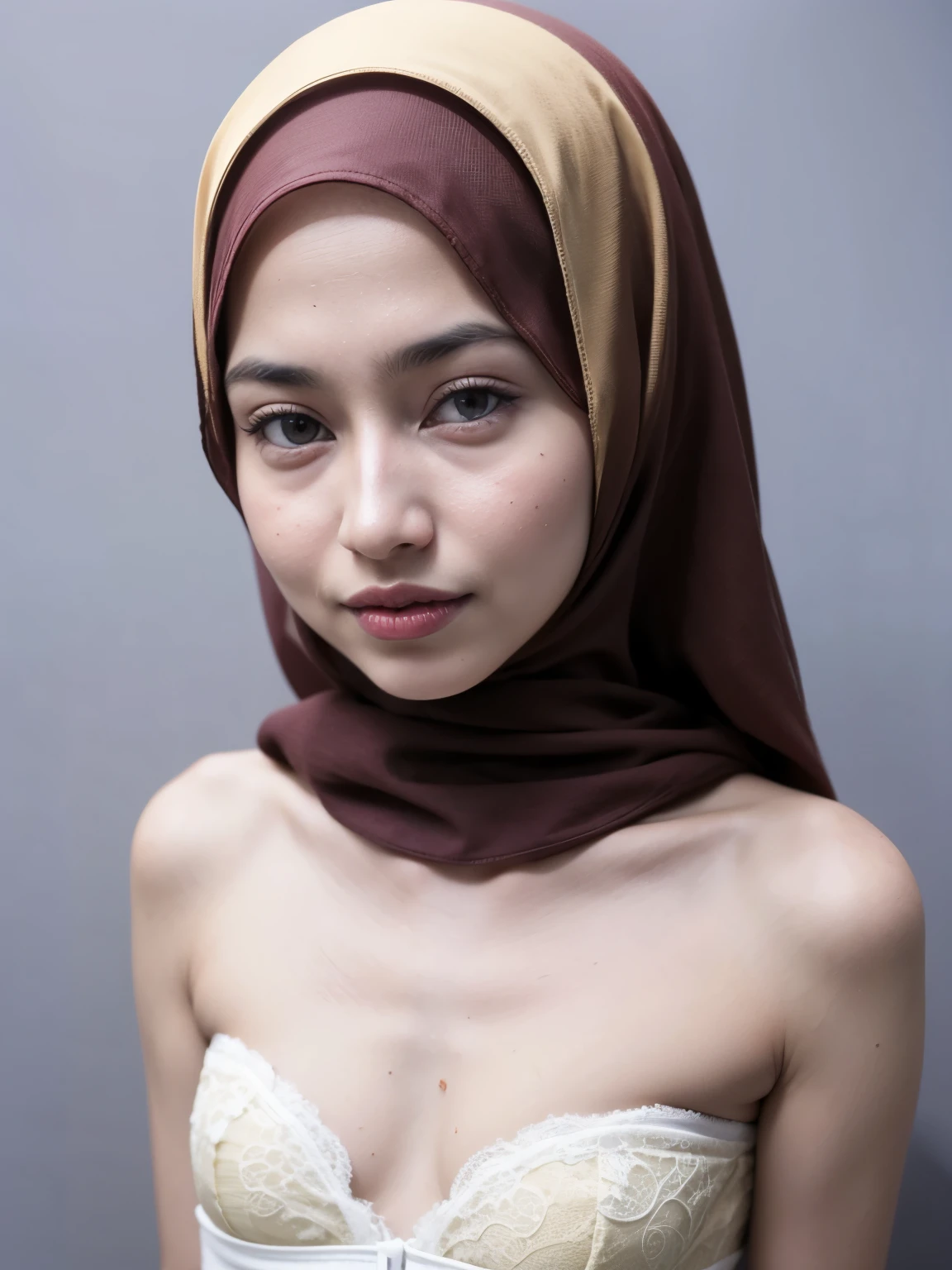 Very Thin body (Wearing Strapless Lingerie), (((HIJAB MALAY GIRL))), masutepiece, High quality, UHD 32K, Realistic face, Realistic skin feeling , A Malay Lady, 8 years old, , Very cute and baby-like face, (((FLAT CHEST))), (MATRIX WORLD), ((look In front  at the camera and SADNESS)), ((())), (((CUTE GIRL))), ((BROWN LIPS)), ((BROWN)), (undress). WEAR BRA LINGERIE, green, red, yellow, lace