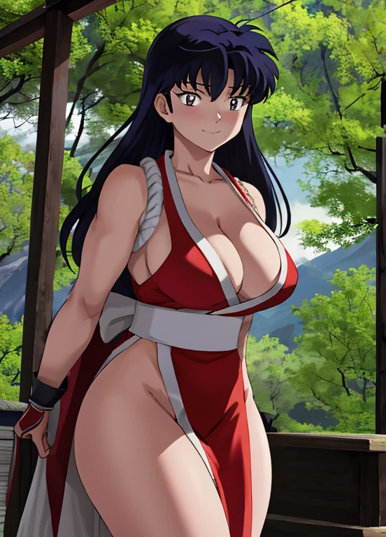 masterpiece, best quality, Kagome Higurashi, 25 years old, large breasts, cleavage, very busty, big hips, strong muscles, athletic figure, She stands tall while wearing a red Kunoichi dress, pelvic curtain, arm guards and gloves. she's looking directly at the camera with an confident smirk. Her gaze is both alluring and fierce, as she holds a red fan with a tight grip. cowboy shot, BREAK Outdoors, the view of the green forest, Japanese architecture in the surroundings. Perfect Anatomy,(Professional Lighting), 4k textures, raw photo, epic artistic, photoreal art, sharp focus, even lighting, insane details, intricate details, hyperdetailed, rich colors
