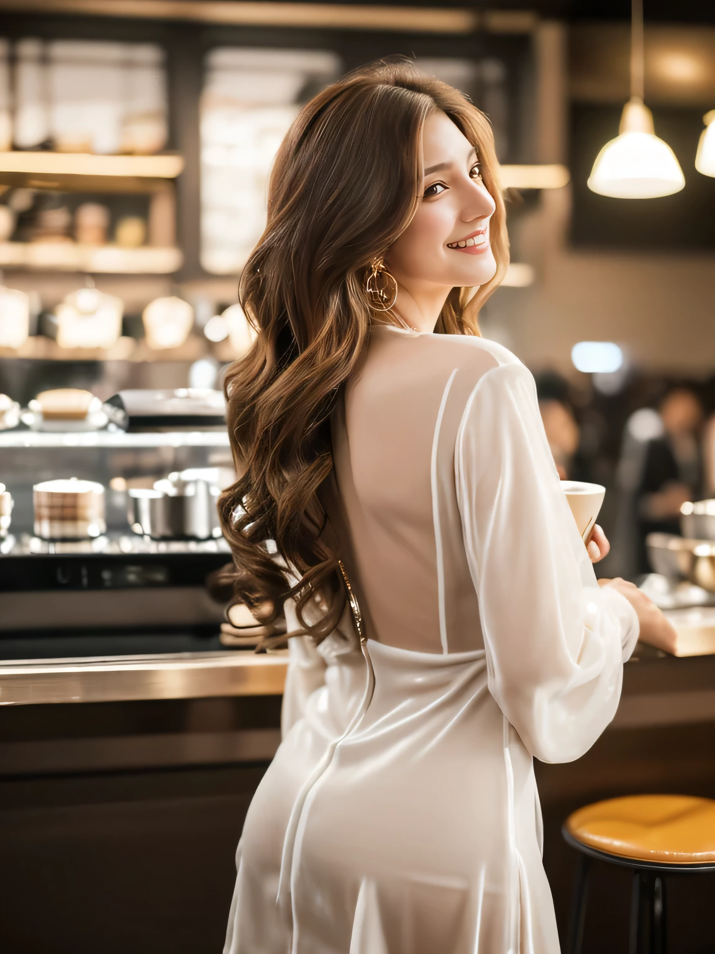 ((highest quality, 8k, masterpiece: 1.3)), 1 girl, smile, whole body, Slim face, Beautiful woman, Medium dark brown hair, White crisp shirt at upper body, The upper body is black straight suit pants, High heels, Highly detailed face, Fine grain, double eyelid, Blurred Background, Slim face, skyscraper, West Shot,((Loosely inward wavy hair:1.2)),((Gold Necklace＿Large earrings:1.2)),((Extra long brown hair:1.2))(((((((wearing camisole short dress, heel‗long sleeve_see-through_without back with Shoulders out:1.2)))、((full figure supermodel standing, entire body in frame))((In a crowded café at dusk:1.3))((arms up:1.3)),((looks from behind:1.5)),((arms up:1.3)),