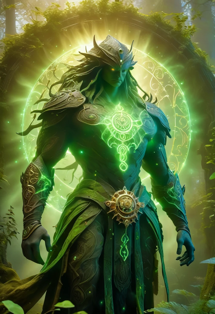 (best quality,4k,8k,highres,masterpiece:1.2),ultra-detailed,(realistic,photorealistic,photo-realistic:1.37),golem, made of vegetal, alchemy, hermeticism,ancient,weathered stone,meticulously carved,tangled vines,dark forest,small magical creatures,dappled sunlight,shadows and light,subtle gradients,rich earthy colors,ethereal glow,elaborate inscriptions,symbols of mystery and alchemy,mystical fog,solemn expression,eyes glowing with green light,steampunk accents,gear-shaped designs,magic emanating from its core,protective guardian,imposing stature,ominous aura,secrets of the universe,harnessing the power of nature,ancient wisdom emerging from nature's embrace,transcendence of life and death,magical aura radiating from within.