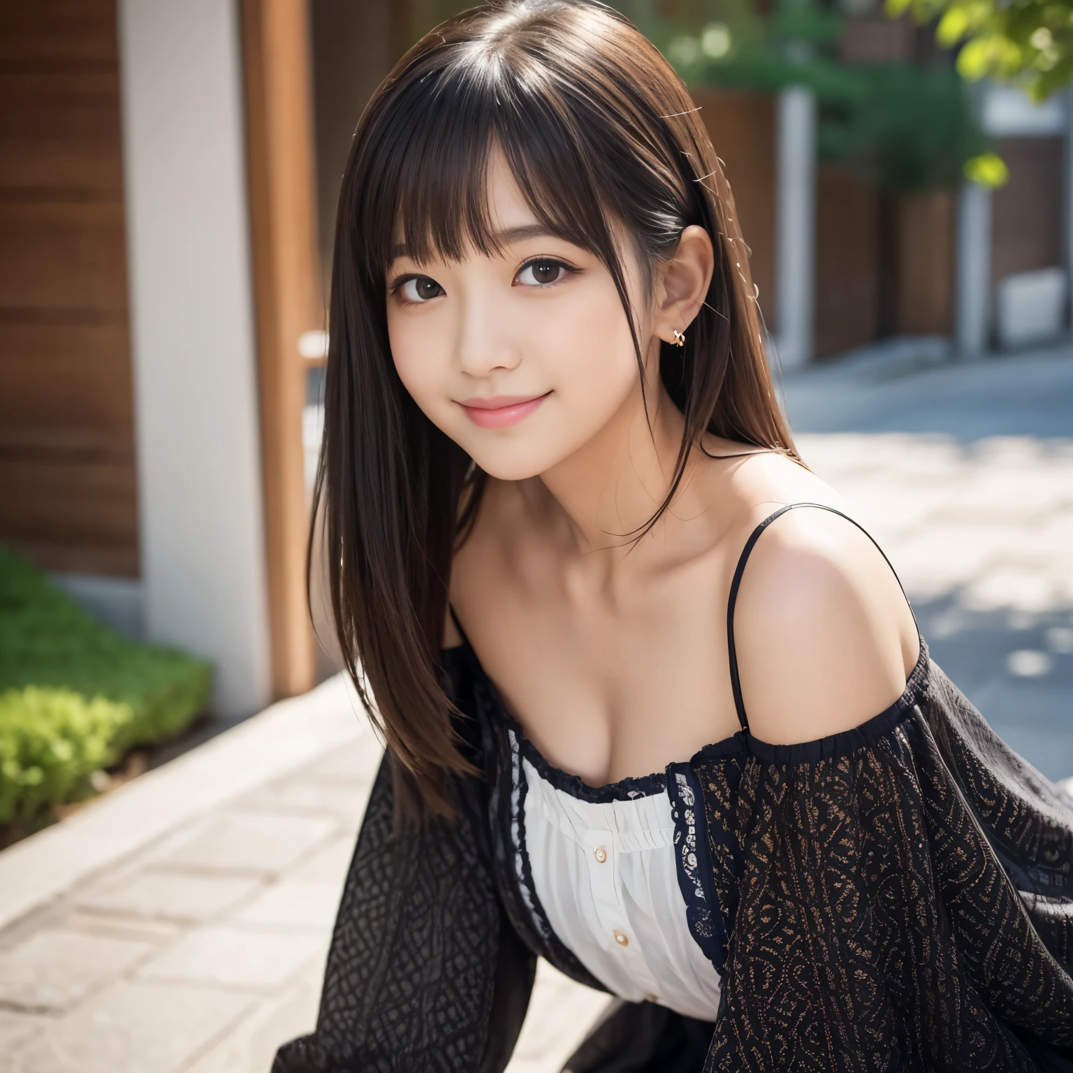 Best-quality, Masterpiece, Ultra-High-Resolution, (Photorealistic:1.4), Raw-Photo, extremely-details, perfect-anatomy, depth of field, professional-lighting, 

1girl, the most famous Japanese idol, 
the most cute face, ((the most cute and thd most big black-eyes)), the most cute hairstyle, 
the most beautiful hair, the most beautiful skins, the most cute long-eyelashes, the most cute lips, 

leaning forward, innocent smile, looking at viewer, 

wearing casual dress with cute patterned