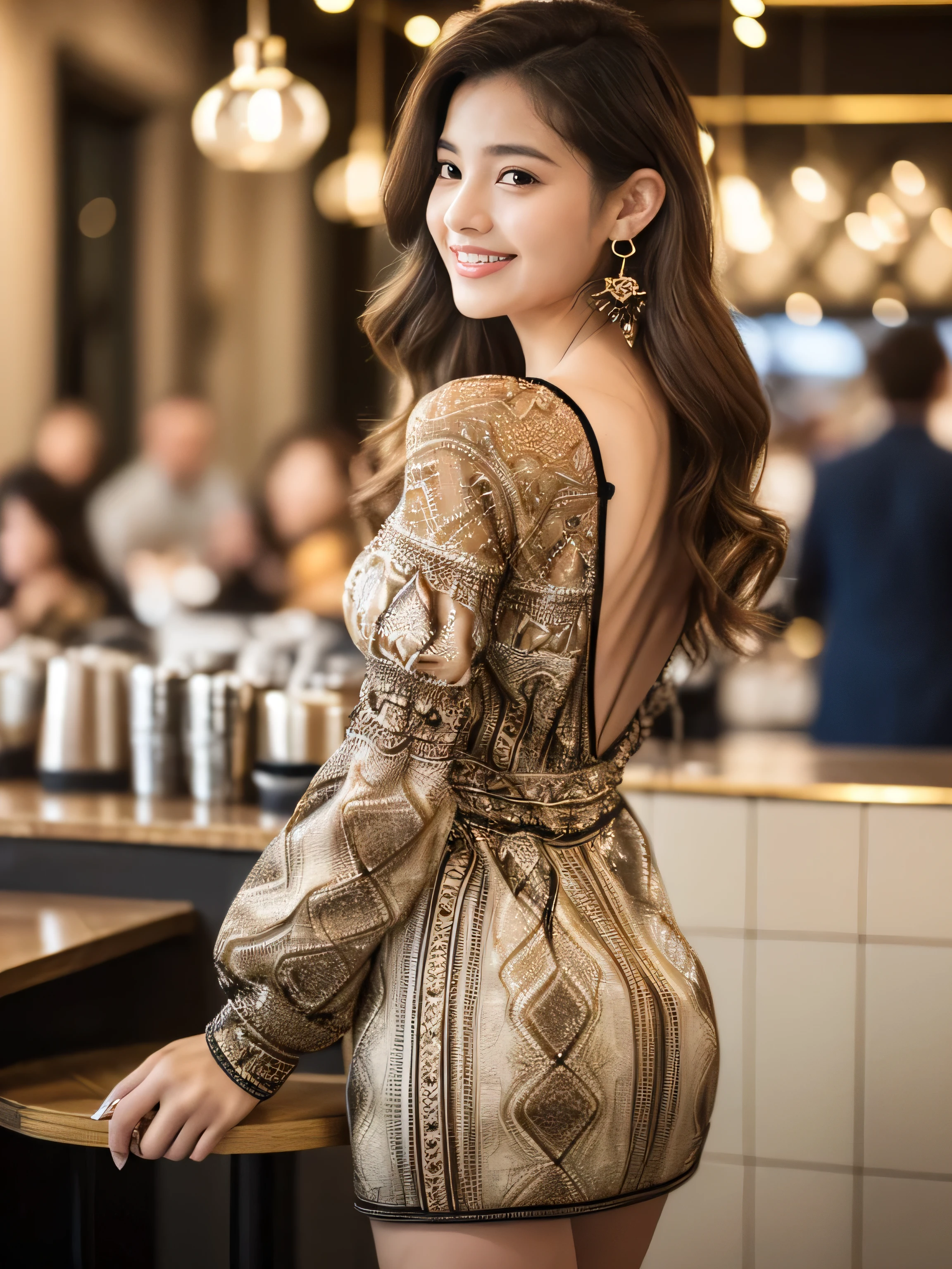 ((highest quality, 8k, masterpiece: 1.3)), 1 girl, smile, whole body, Slim face, Beautiful woman, Medium dark brown hair, White crisp shirt at upper body, The upper body is black straight suit pants, High heels, Highly detailed face, Fine grain, double eyelid, Blurred Background, Slim face, skyscraper, West Shot,((Loosely inward wavy hair:1.2)),((Gold Necklace_Large earrings:1.2)),((Extra long brown hair:1.2))((((((wearing intricately patterned shirt mini dress‗long sleeve_see-through_without back with Shoulders out:1.2)))、((full figure supermodel standing, entire body in frame))((In a crowded café at dusk:1.3))((arms up:1.3)),((looks from behind:1.5)),