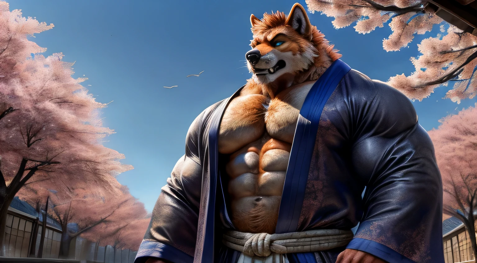 masterpiece, best quality, from high angle, perfect colors, perfect shadows, perfect lighting, ((full bodyportrait)), posted on e621,image furry body, solo, anthro orange werewolf, (monotone orange fur:1.3), male, black beard, white chest fur, adult, (heavily muscular, manly, brutal, masculine:1.4), green eyes, realistic eyes, masculine, (muscular, dense build:1.4, muscular shoulders, strong pecs), kemono, japanese traditional clothes, white (fundoshi),((open) black formal kimono), japanese building,look up to the sky,majestic,brutal,confident,strong,cherry blossoms, sakura blossoms leaves, outdoors, dynamic angle,depth of field,delicate canine tooth,correct anatomy, correct hand,,hd, dim ,dark,dark shadows, light against dark,cinematic, dramatic light,wide dynamic range, hdr, low light:1.2, by Pino Daeni, (by ruaidri), by virtyalfobo
