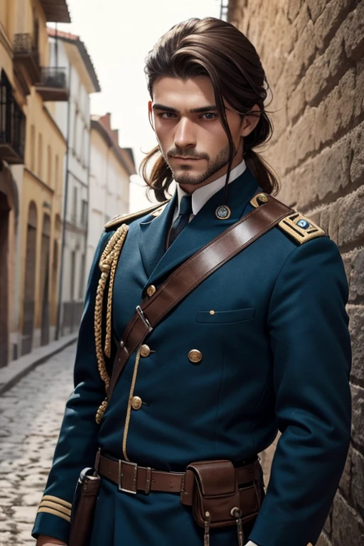 Hombre con cabello largo rubia y ojos azules de 1920  soldado 