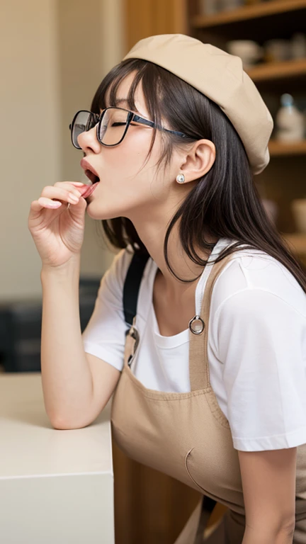 highest quality, Pieces fly, Ultra-high resolution, (that'Photorealistic:1.4), RAW Photos, 1 girl, ((Cafe staff)),((Cute Uniform)),(white t-shirt and jeans)),((beige apron)), Hair tied up, Plain black newsboy cap,Slender body,Fine grain,(Realistic eyes),Delicate face,realsK-san in,Detailed Hair,Detailed sKさんin, Very large breasts, Big Breasts, Always wear glasses, Pretty face, Blowjob, Holding an invisible cylindrical object and bringing it close to his mouth, Kneel, Close ~ eyes, Side view