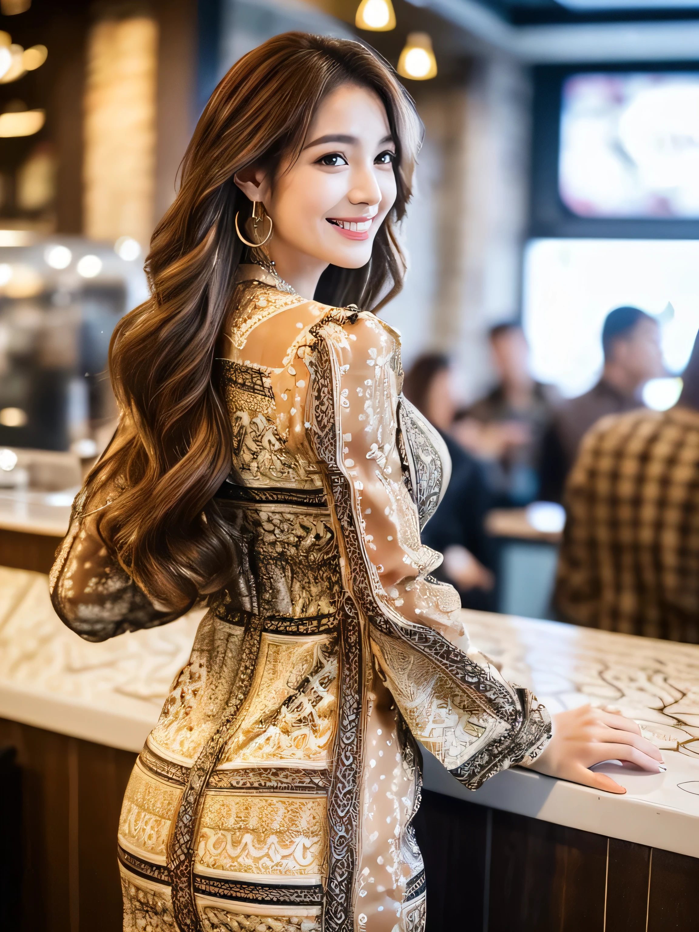((highest quality, 8k, masterpiece: 1.3)), 1 girl, smile, whole body, Slim face, Beautiful woman, Medium dark brown hair, White crisp shirt at upper body, The upper body is black straight suit pants, High heels, Highly detailed face, Fine grain, double eyelid, Blurred Background, Slim face, skyscraper, West Shot,((Loosely inward wavy hair:1.2)),((Gold Necklace_Large earrings:1.2)),((Extra long brown hair:1.2))((((((wearing intricately patterned shirt mini dress‗long sleeve_see-through)),))、((full figure supermodel standing, entire body in frame))((In a crowded café at dusk:1.3))((arms up:1.3)),((looks from behind:1.5)),