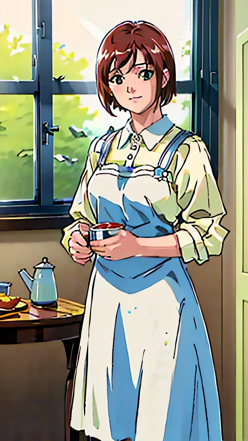 (highest quality,4K,8k,High resolution,masterpiece:1.2),Very detailed,(Realistic,photoRealistic,photo-Realistic:1.37),A woman standing in the kitchen wearing a mint apron,Beautiful fine details, beautiful lip detail, Very detailed顔, Long eyelashes, Moderate:oil,Vibrant colors,stunning lightning,bright,homely atmosphere,sparkling countertops,Shining stainless steel appliances,modern tableware,Glass jars with colorful spices,Fresh bread,Dining table set with elegant porcelain plates,hanging copper pots and pans,various cooking ingredients,aromatic herbs and spices,Subtle scent of vanilla and cinnamon in the air,Lots of colorful ingredients in neatly arranged jars,wall covered with vintage tiles,Soft natural light pouring in from the window,green plant on the windowsill,Light of the sun,Charming atmosphere,A lush garden visible from the window,Peaceful atmosphere,Nostalgic atmosphere。