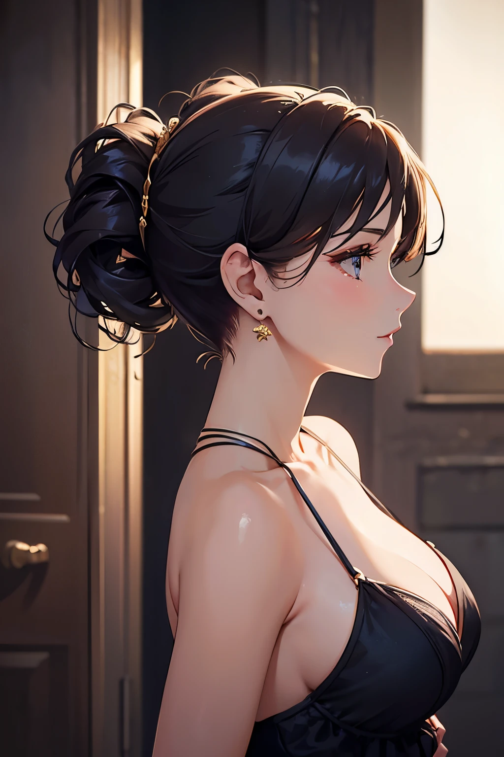 from side, best quality, beautiful woman's curves from ear to nape, close-up, updo hairstyle, captivating lighting